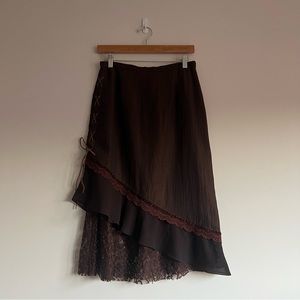 Vintage brown lace skirt with leather tie accent